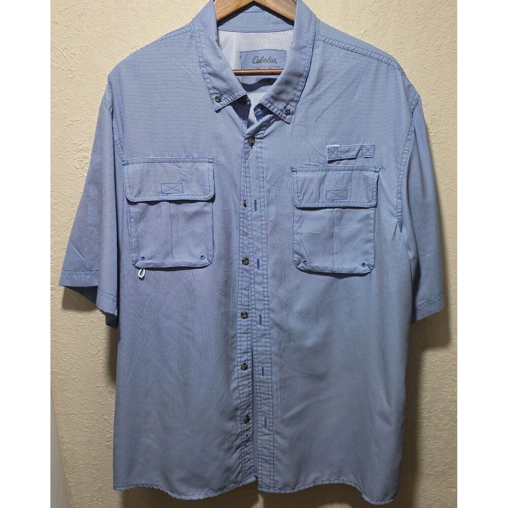 Cabelas Shirt Mens XL Blue Houndstooth Button Down Fishing Short Sleeve Vented